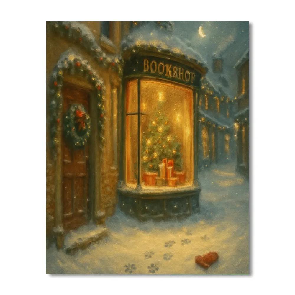 The Cozy Bookshop Window Snowglobe Street Paint by numbers art