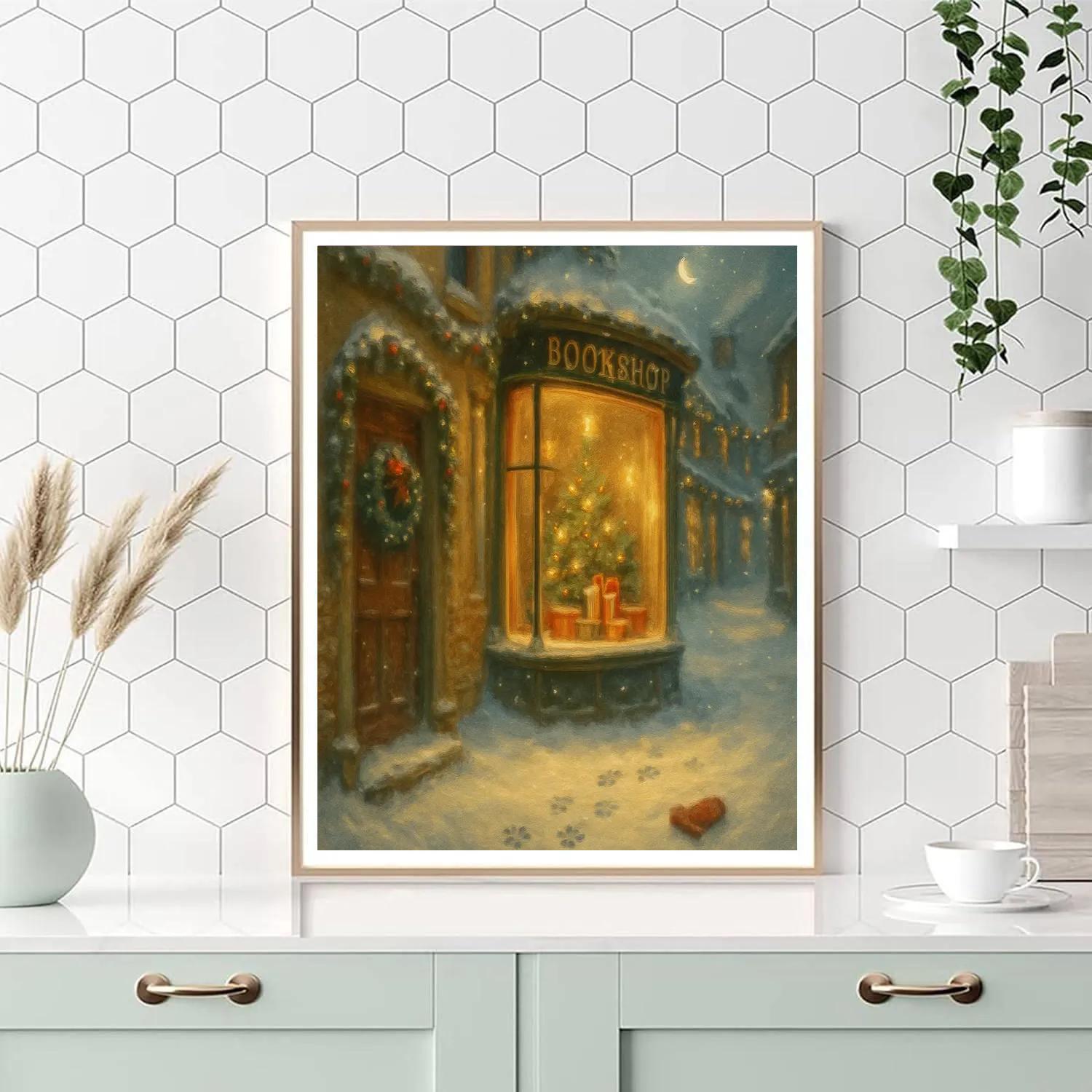 The Cozy Bookshop Window Snowglobe Street Paint by numbers art