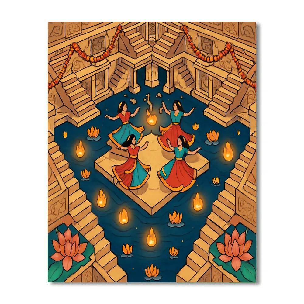 Stepwell Shadows With India Lantern Festival Paint by numbers art