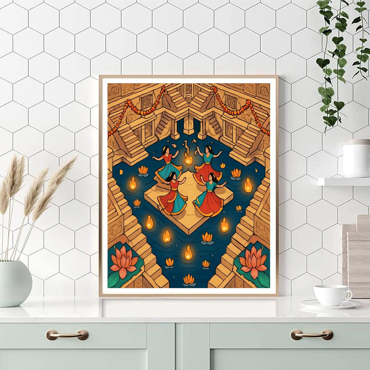 Stepwell Shadows With India Lantern Festival Paint by numbers art