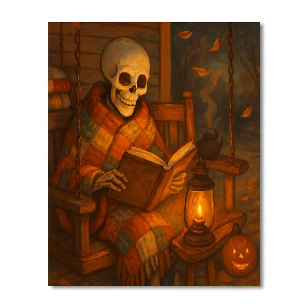 Autumn Porch Swing With A Cozy Skeleton Reader painting number kit