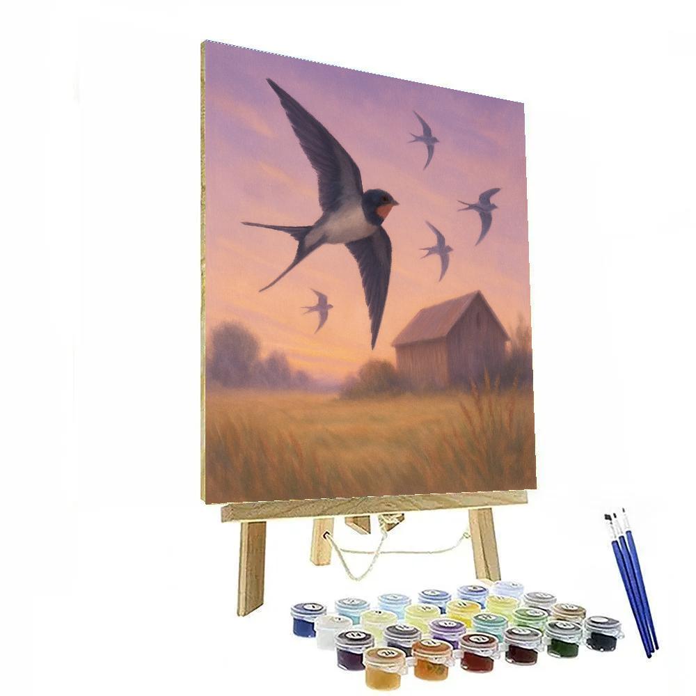 Lavender Dusk Swallows Above Barn Fields Number painting