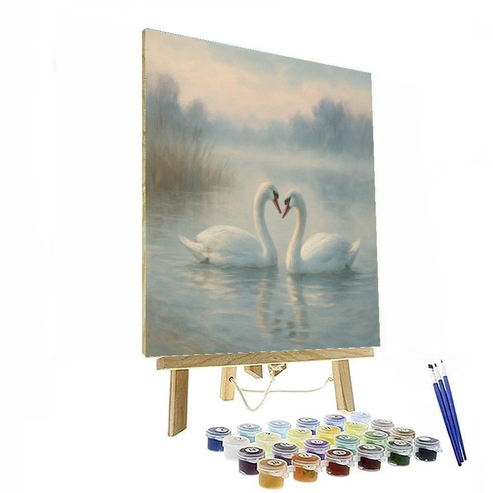 Swan Pair In Misty Lake Hollow paint by number