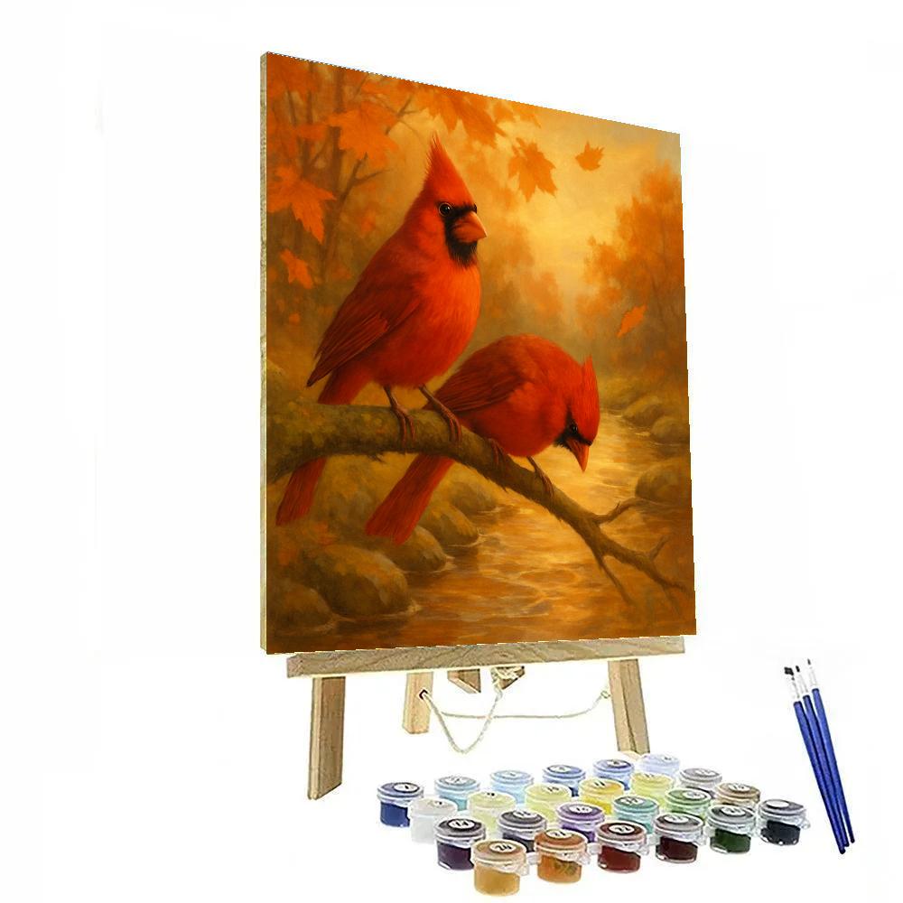 Autumn Brookside Cardinals With Falling Leaves Number painting