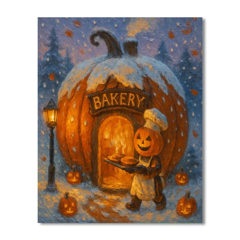 Snowy Halloween Night At The Pumpkin Bakery Paint by numbers kits