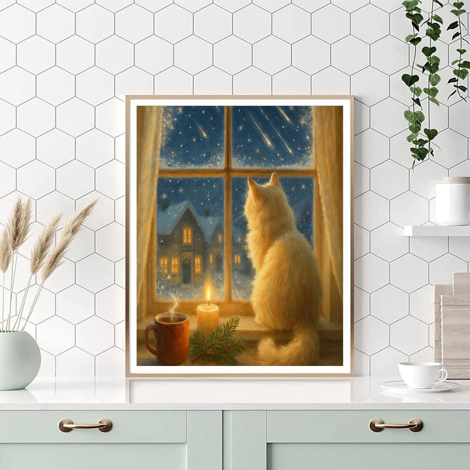 Frosted Window Cat Watching Falling Stars paint by color