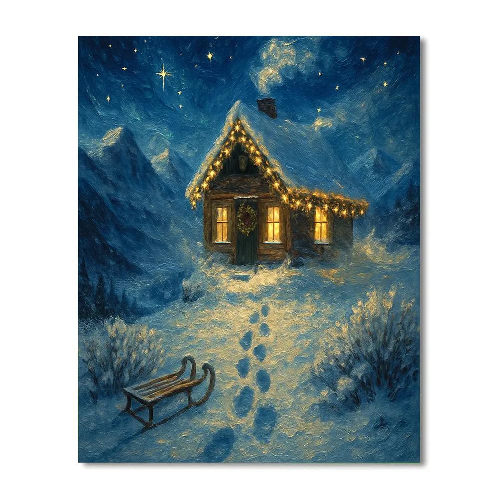 Mountain Cabin Wrapped In Starlight Garlands painting number kit
