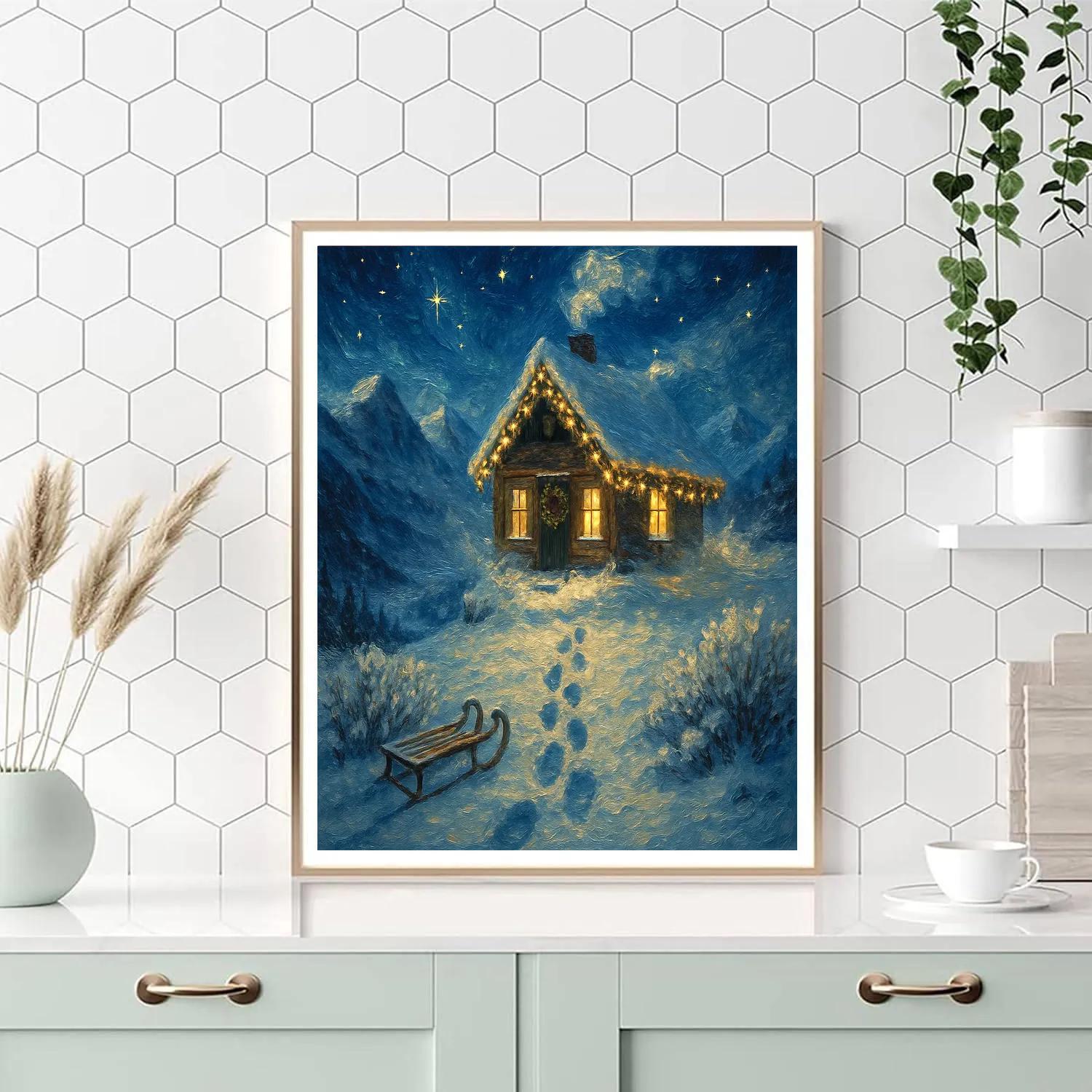Mountain Cabin Wrapped In Starlight Garlands painting number kit