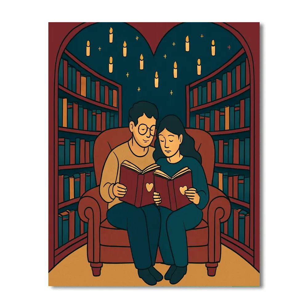 Candlelit Library Valentines Day Reading Nook paint by number