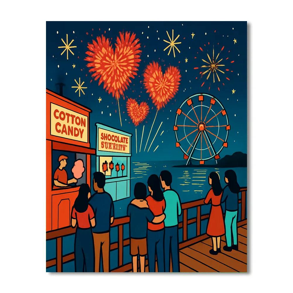 Seaside Boardwalk Valentines Day Fireworks paint by numbers