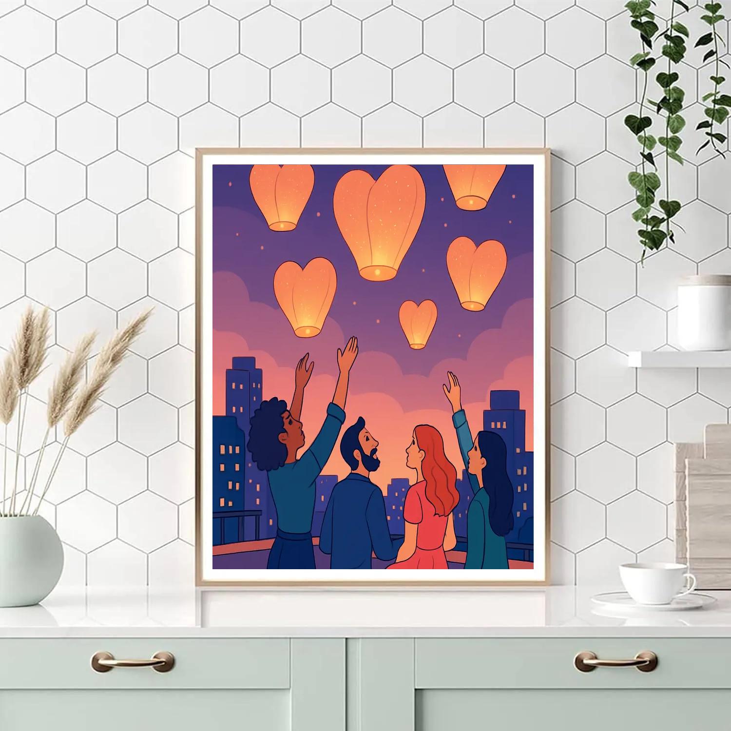 Valentines Day Skyline Lantern Release paint by number