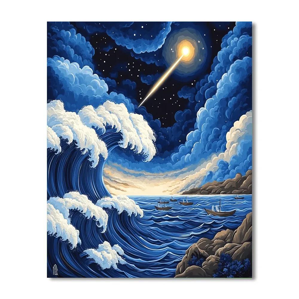 Katsushika Hokusai Inspired Storm Waves And Comet Paint by numbers kits