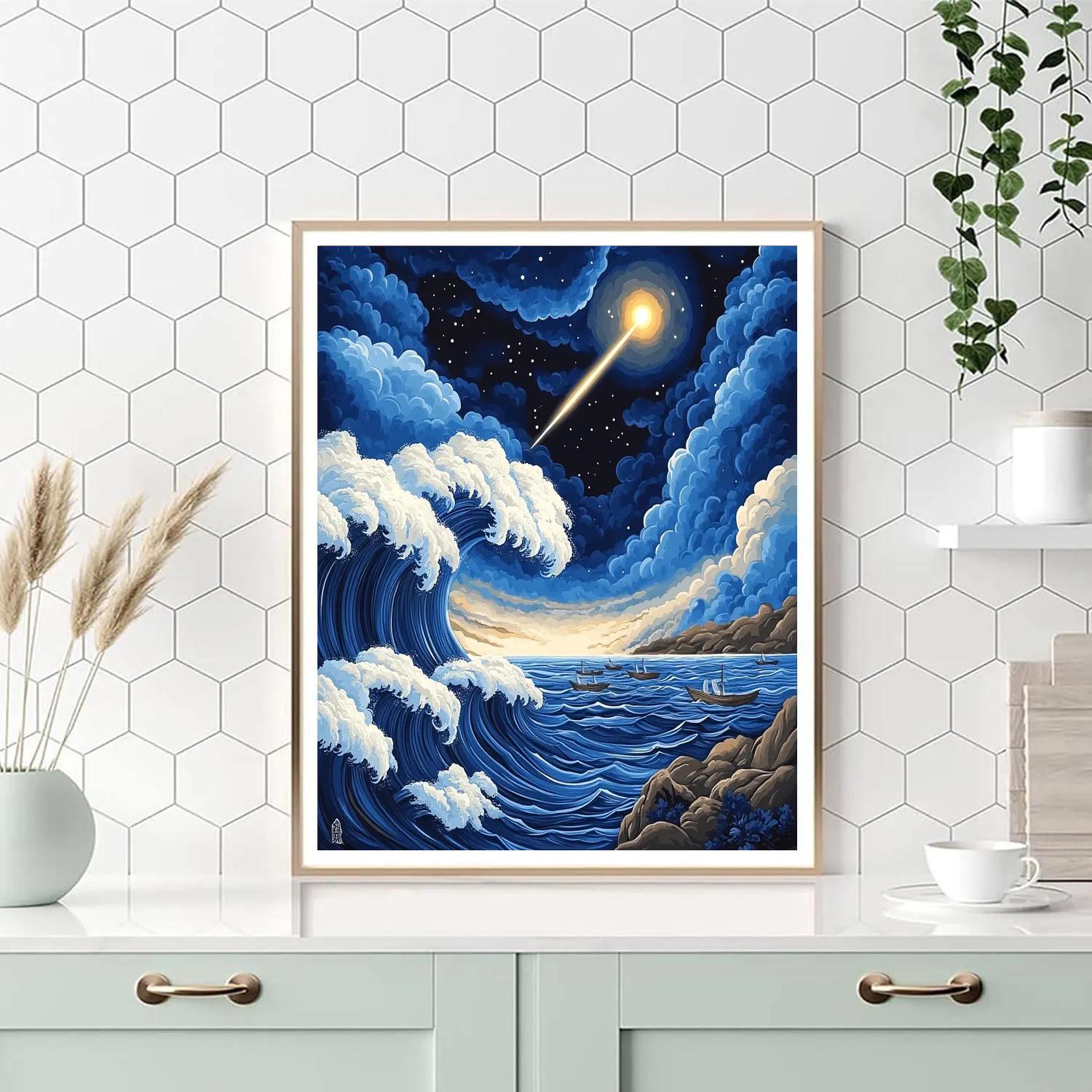 Katsushika Hokusai Inspired Storm Waves And Comet Paint by numbers kits