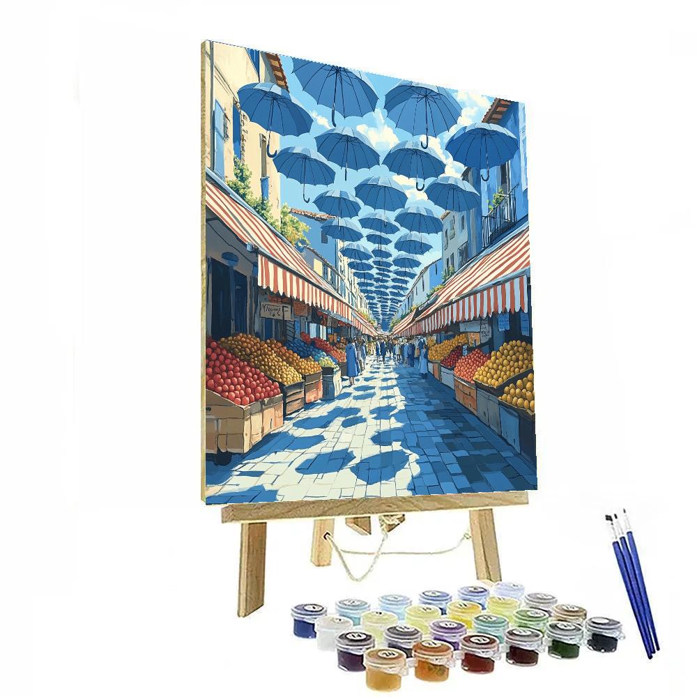 René Magritte Inspired Floating Umbrellas Over A Market paint by numbers