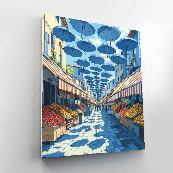 René Magritte Inspired Floating Umbrellas Over A Market paint by numbers