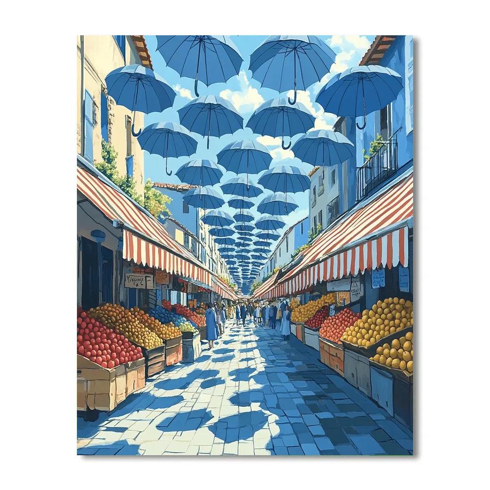 René Magritte Inspired Floating Umbrellas Over A Market paint by numbers