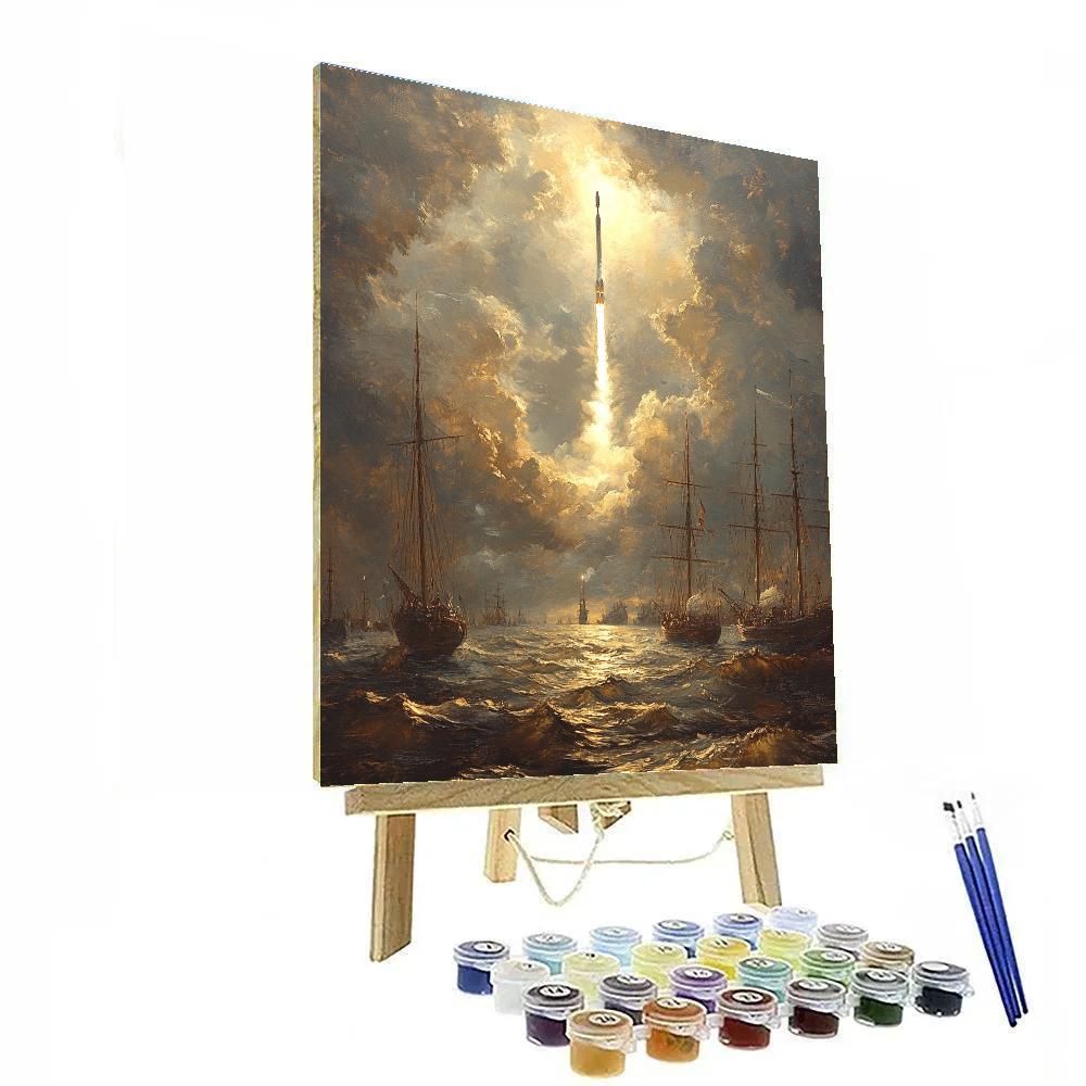 JMW Turner Inspired Stormy Harbor With Rocket Launch Number painting