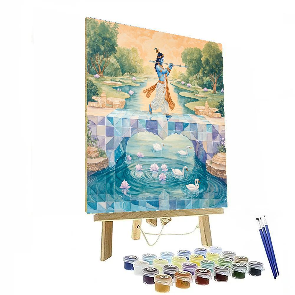 Krishna Playing Flute On A Crystal River Bridge paint by color