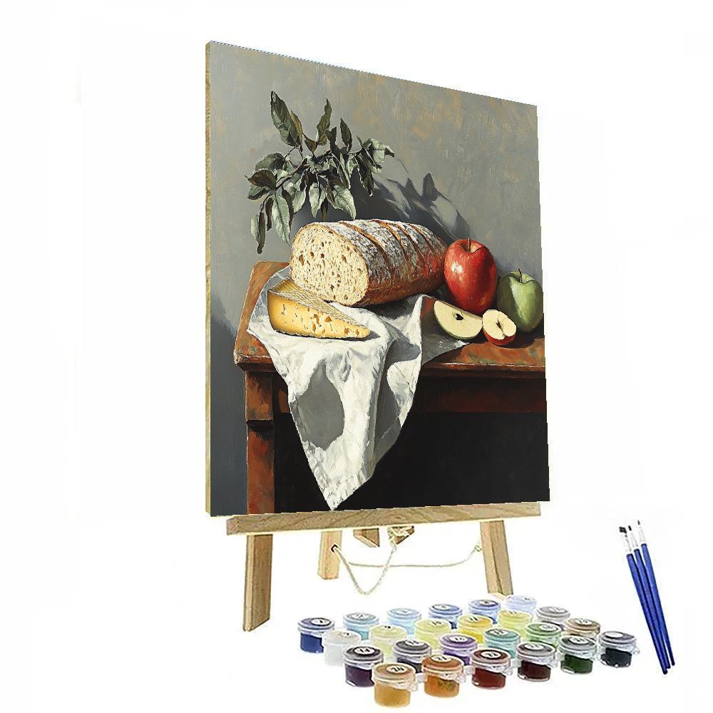 Paul Cezanne Inspired Still Life Of Bread Cheese And Apples paint by color