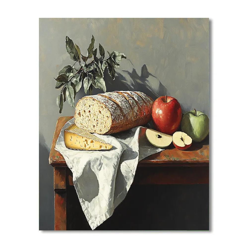 Paul Cezanne Inspired Still Life Of Bread Cheese And Apples paint by color