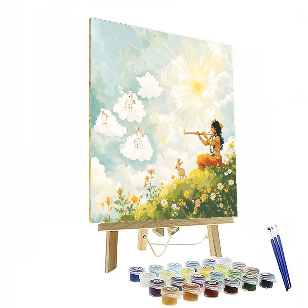 Krishna Carving Cloud Animals With A Flute paint by color