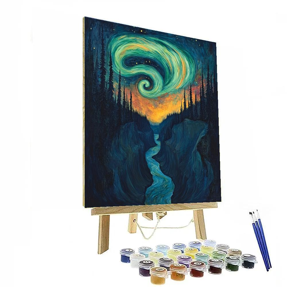 Edvard Munch Inspired Aurora Spirals Through An Enchanted Pine Gorge Numbered painting kits