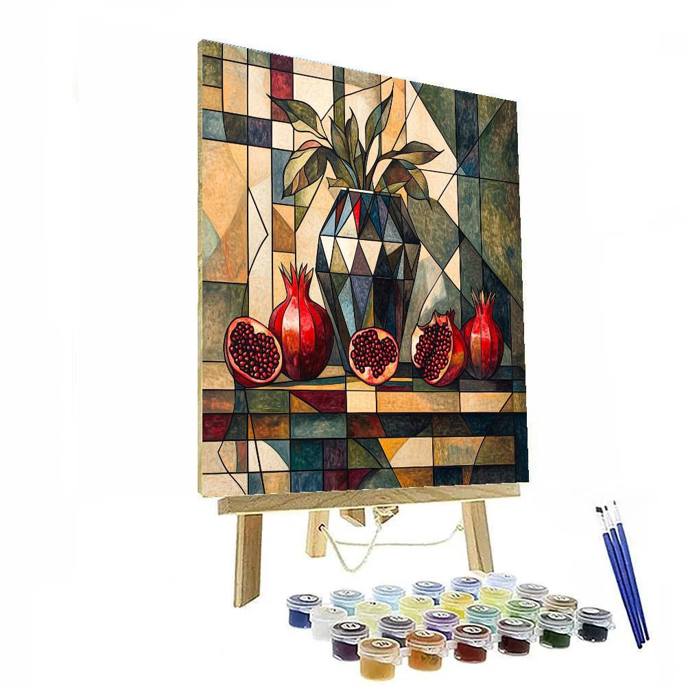 Pablo Picasso Inspired Geometric Still Life Of Vase And Pomegranates In Prism Light Numbered painting kits