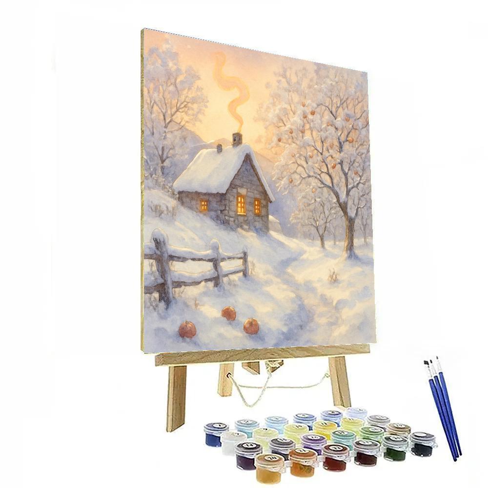 Hillside Cottage With Sunrise Smoke And Frosted Orchard Painting by numbers kit