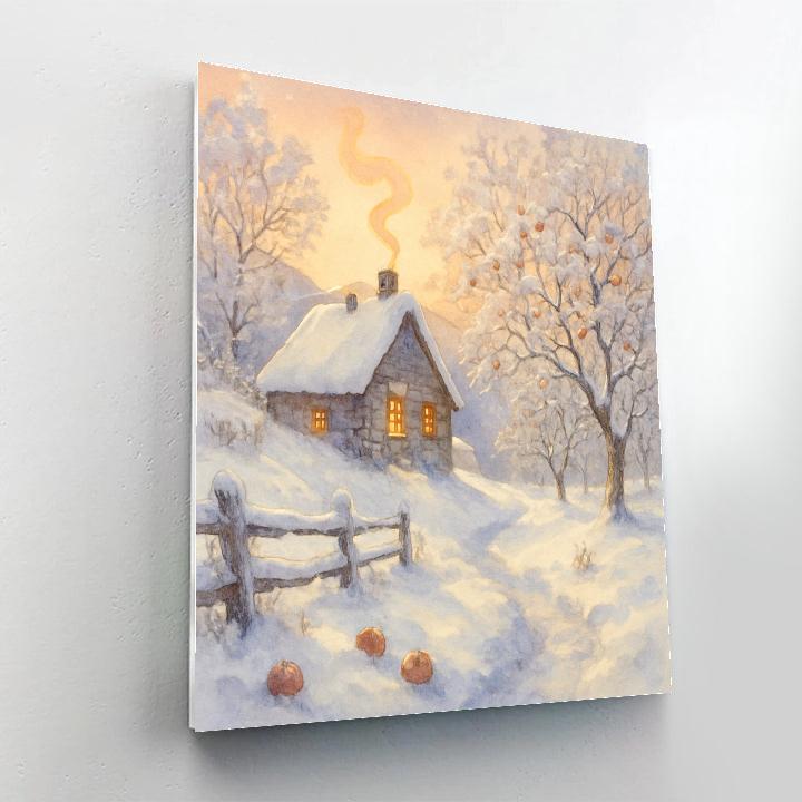 Hillside Cottage With Sunrise Smoke And Frosted Orchard Painting by numbers kit