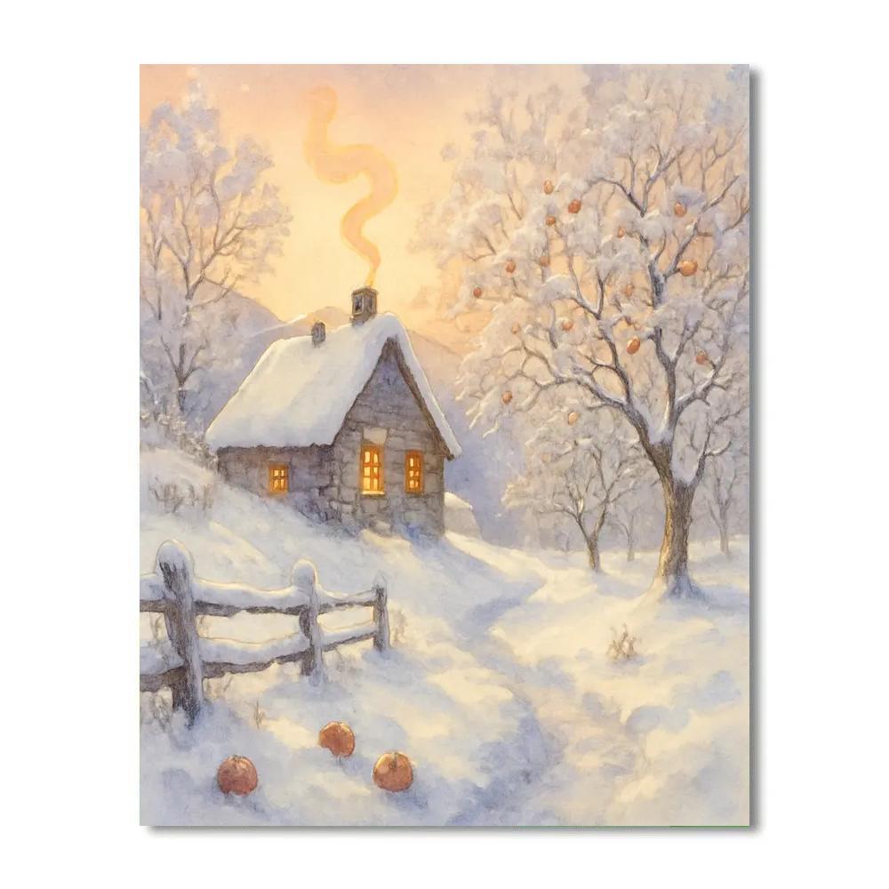 Hillside Cottage With Sunrise Smoke And Frosted Orchard Painting by numbers kit