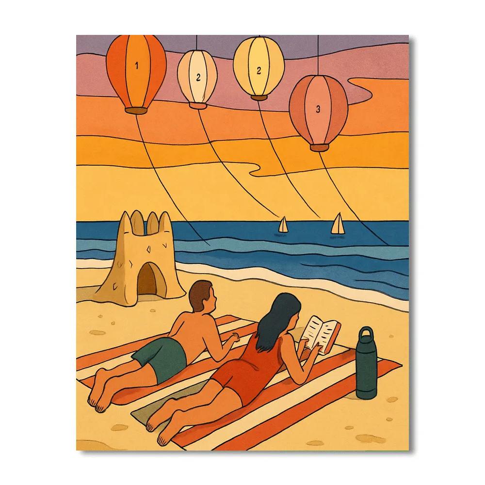 Sunset Sailboats At The Beach With Paper Lantern Kites Paint by numbers art
