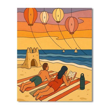 Sunset Sailboats At The Beach With Paper Lantern Kites Paint by numbers art