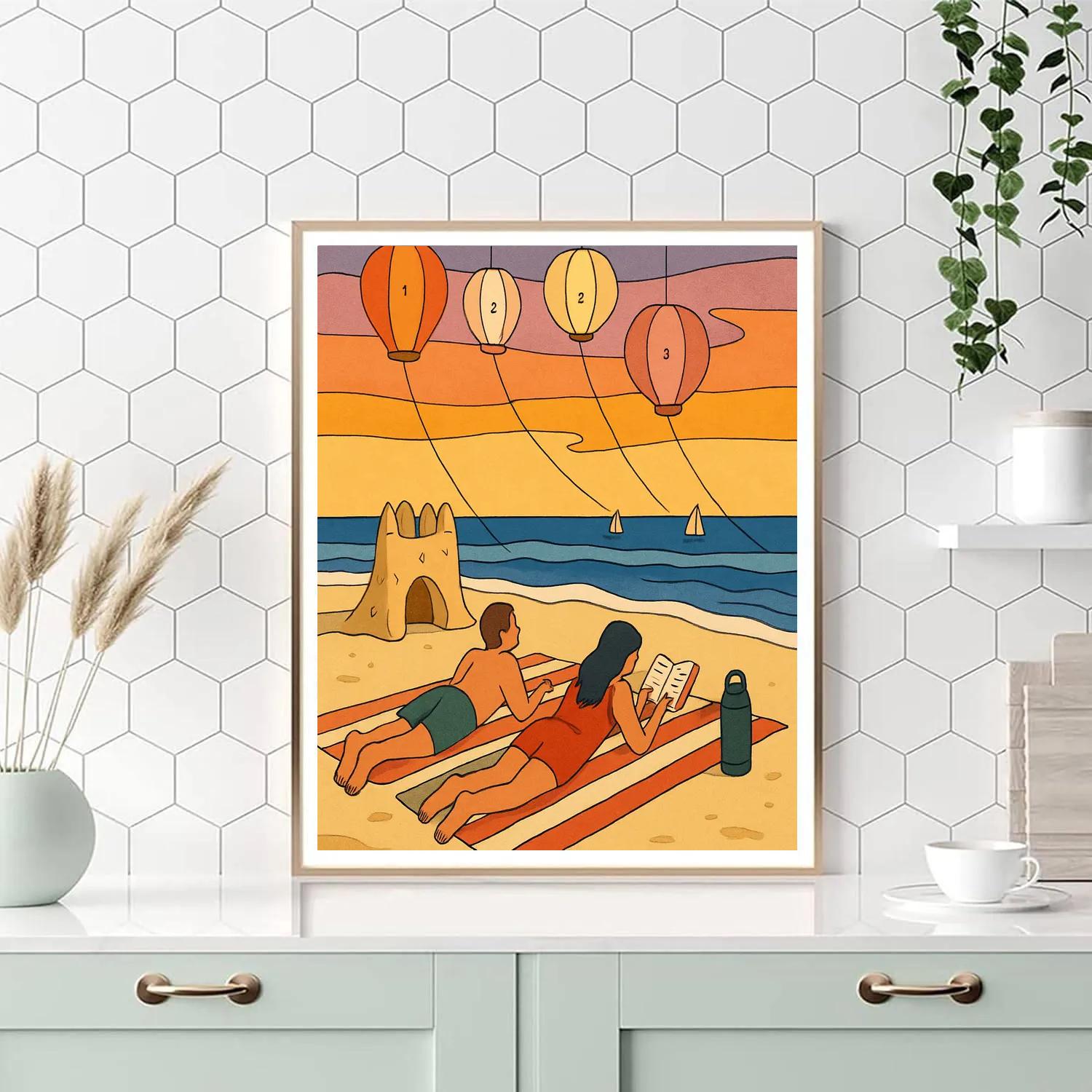 Sunset Sailboats At The Beach With Paper Lantern Kites Paint by numbers art