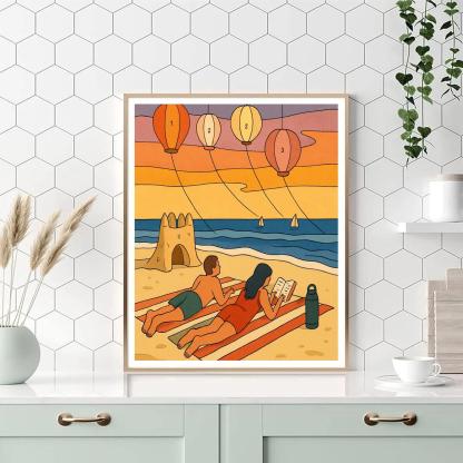 Sunset Sailboats At The Beach With Paper Lantern Kites Paint by numbers art