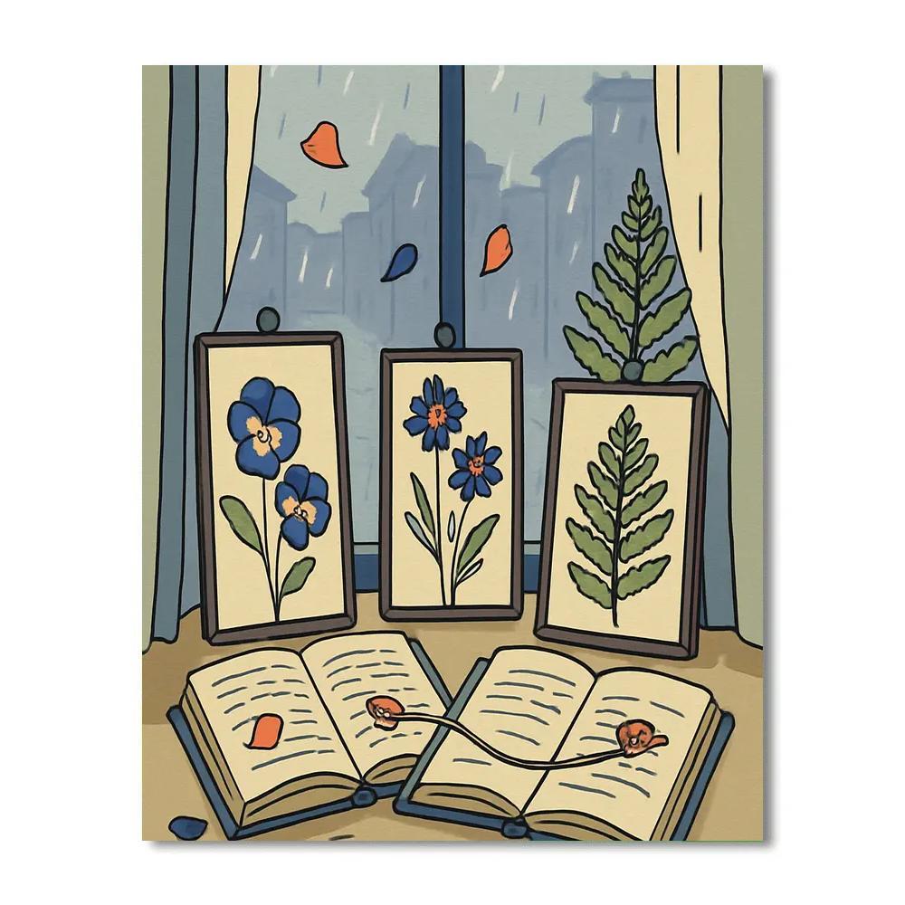 Library Window Still Life With Floral Pressings painting number kit
