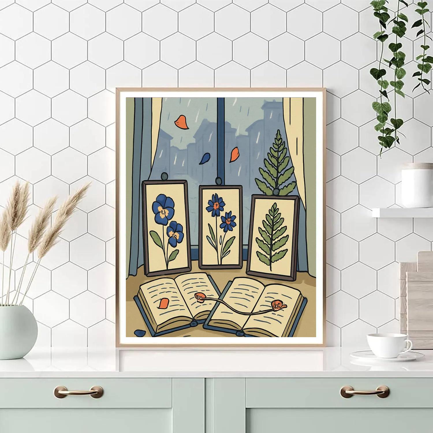 Library Window Still Life With Floral Pressings painting number kit