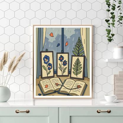 Library Window Still Life With Floral Pressings painting number kit