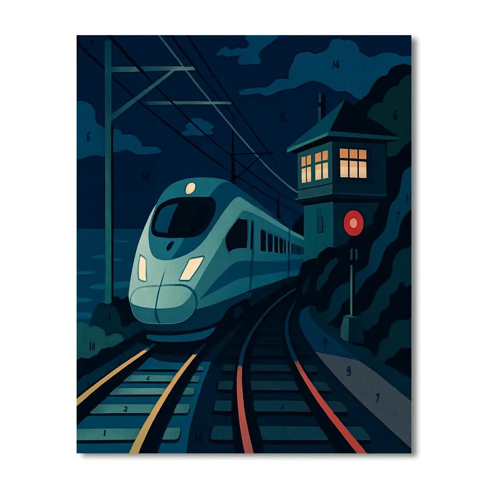 Midnight Signalbox, Train In Indigo paint by number