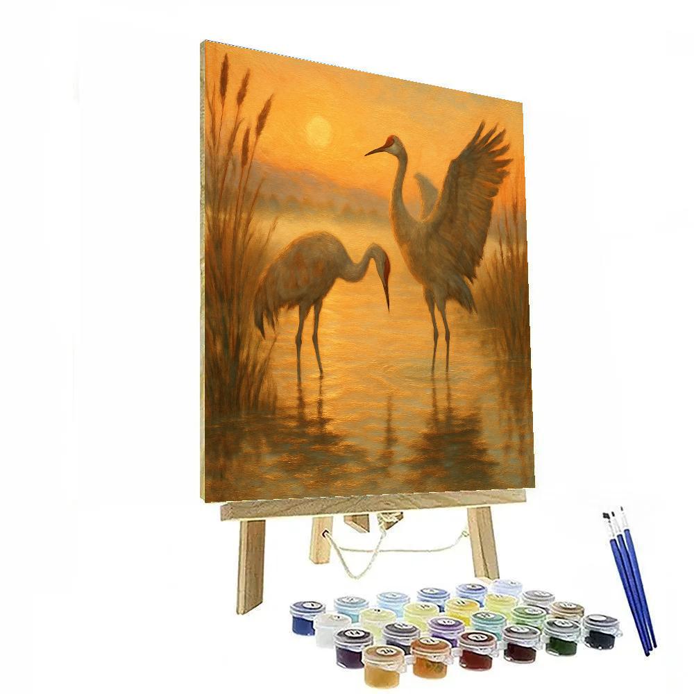 Saffron Dawn Cranes Over The Reed Mirror Painting by numbers kit