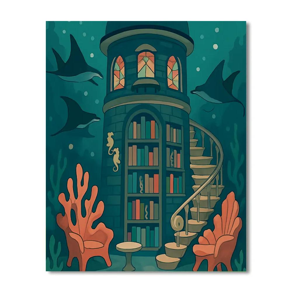 Lighthouse Library Under Ocean Glass Paint by numbers art