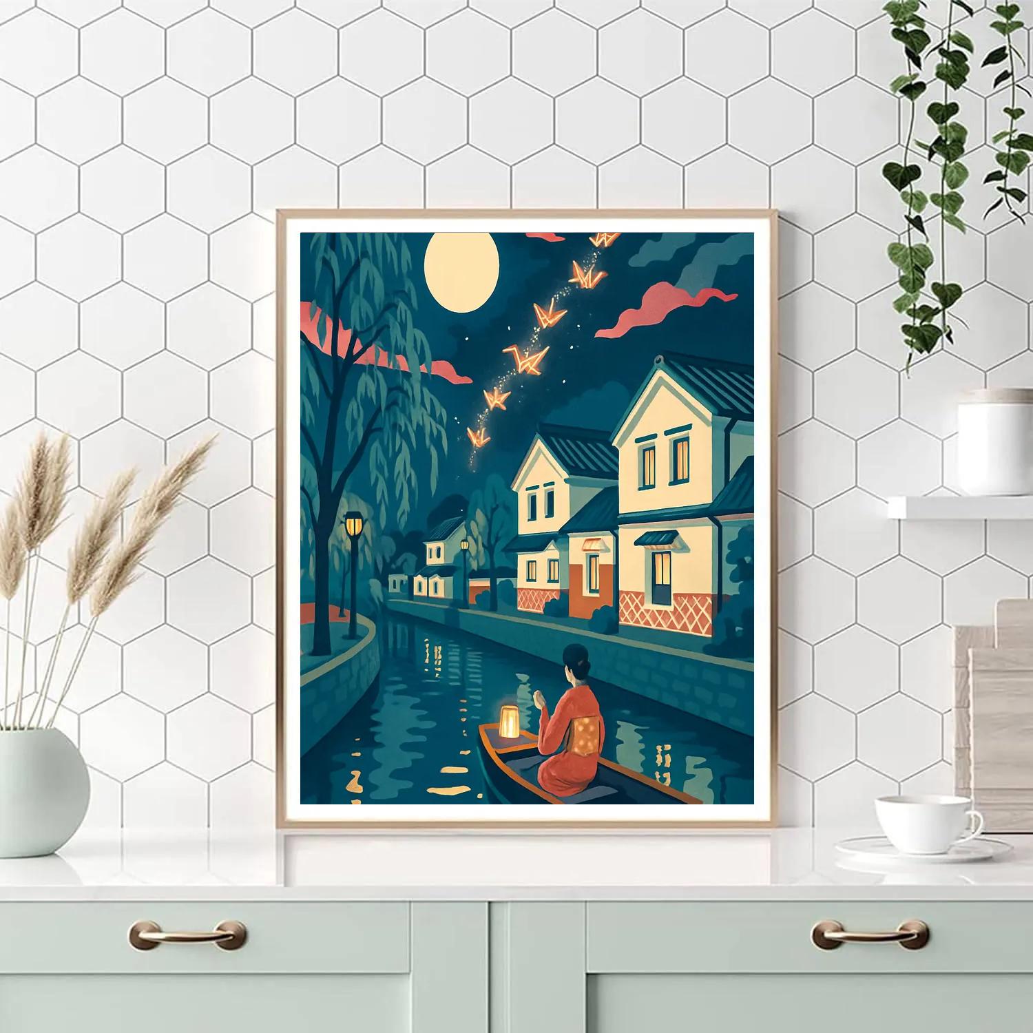 Paper Crane Constellation Over Japan Canal Number painting