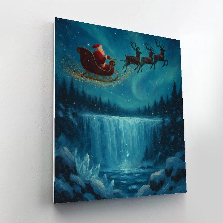 Santa Sleigh Silhouette Over A Frozen Waterfall Paint by numbers art