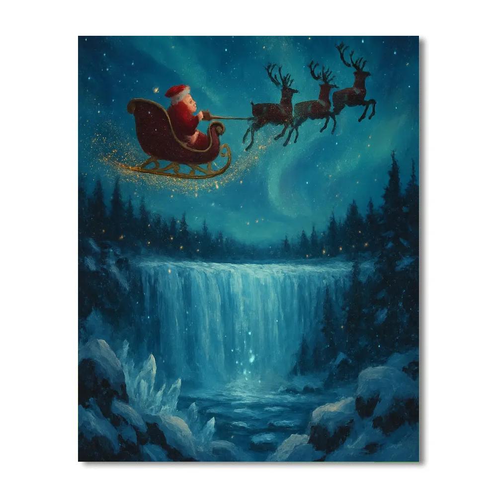 Santa Sleigh Silhouette Over A Frozen Waterfall Paint by numbers art