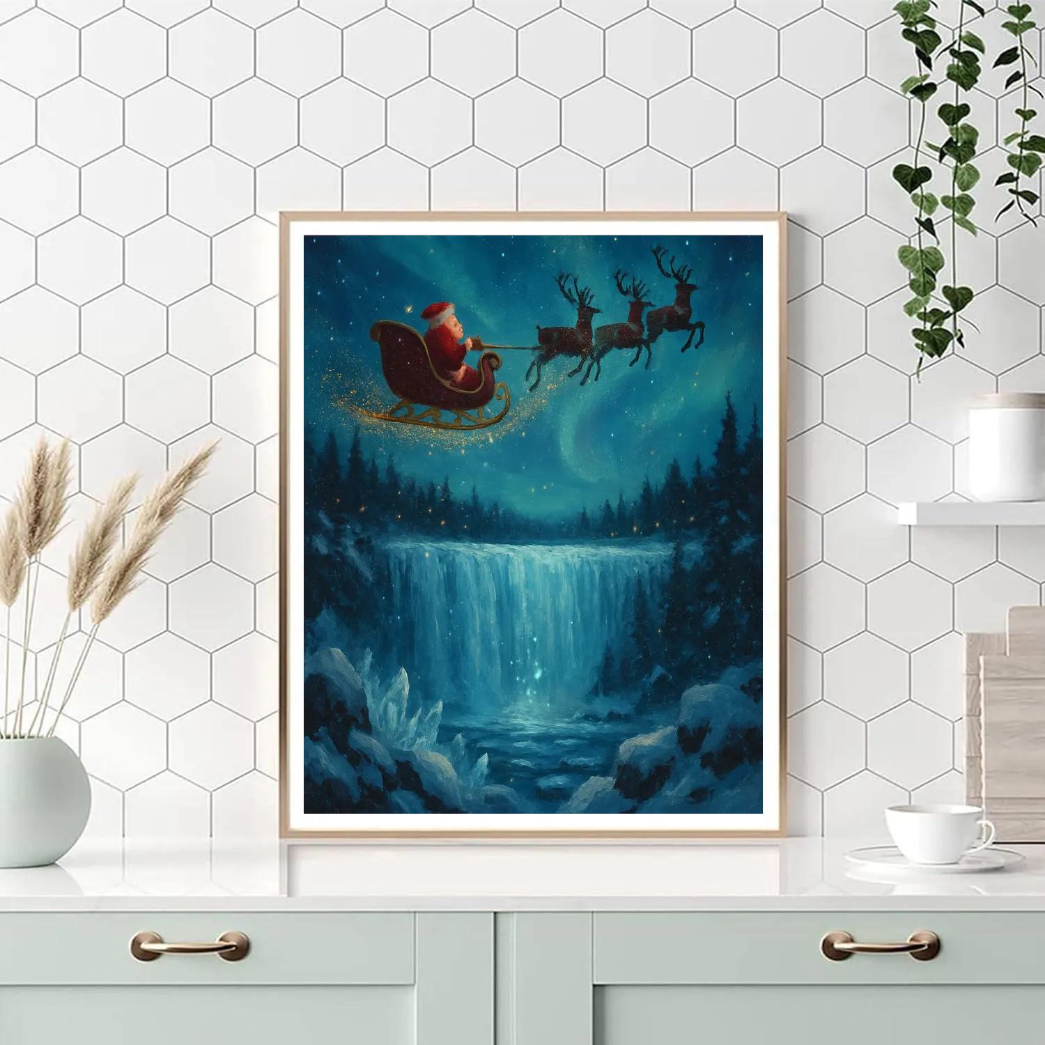 Santa Sleigh Silhouette Over A Frozen Waterfall Paint by numbers art