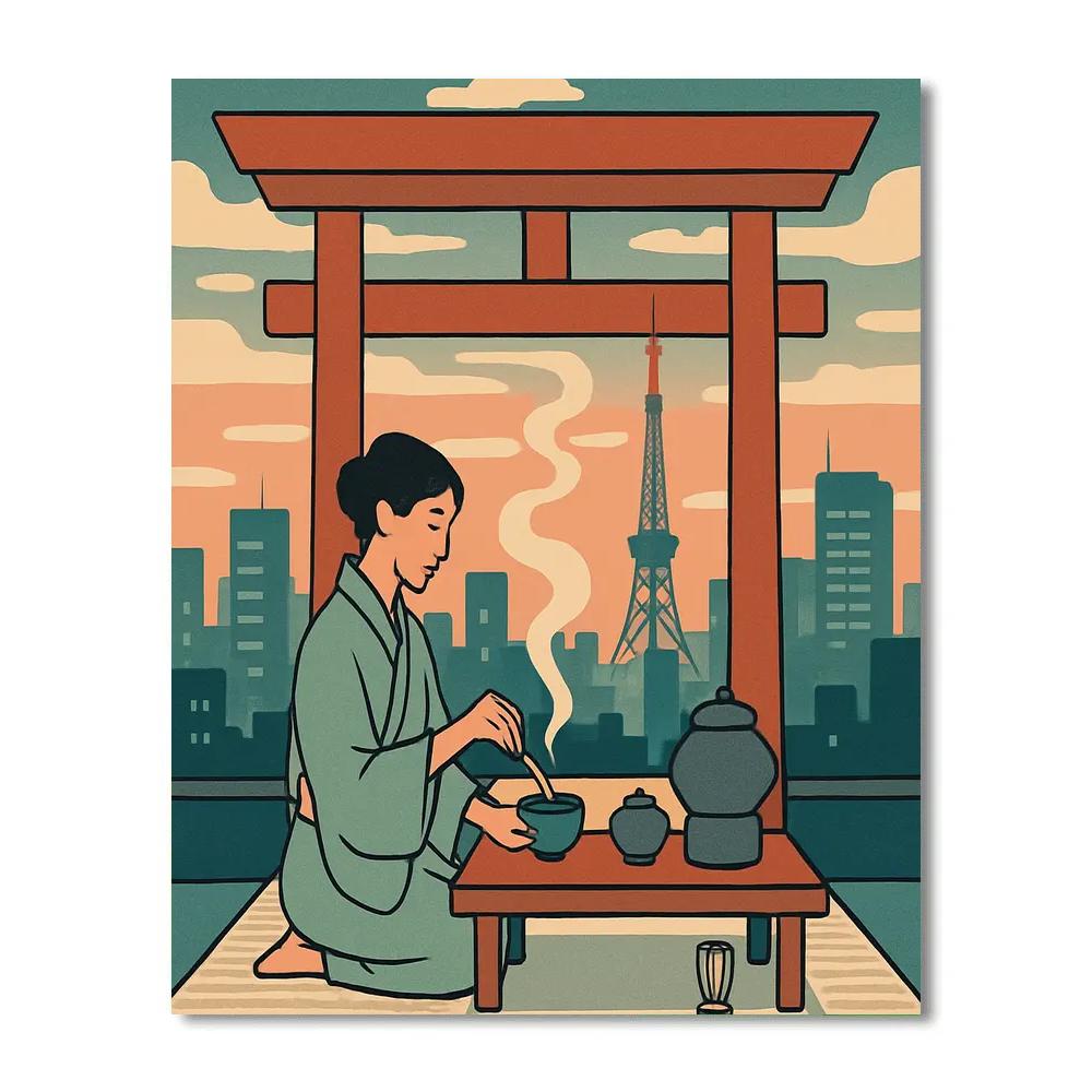 Tokyo Tea Ceremony With Japan Skyline Fusion Paint by numbers kits