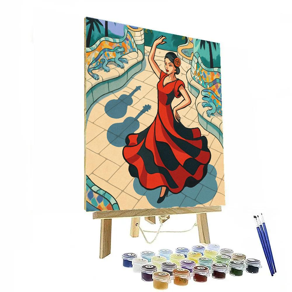 Gaudi Mosaic Courtyard In Spain With Spinning Flamenco Shadows painting number kit