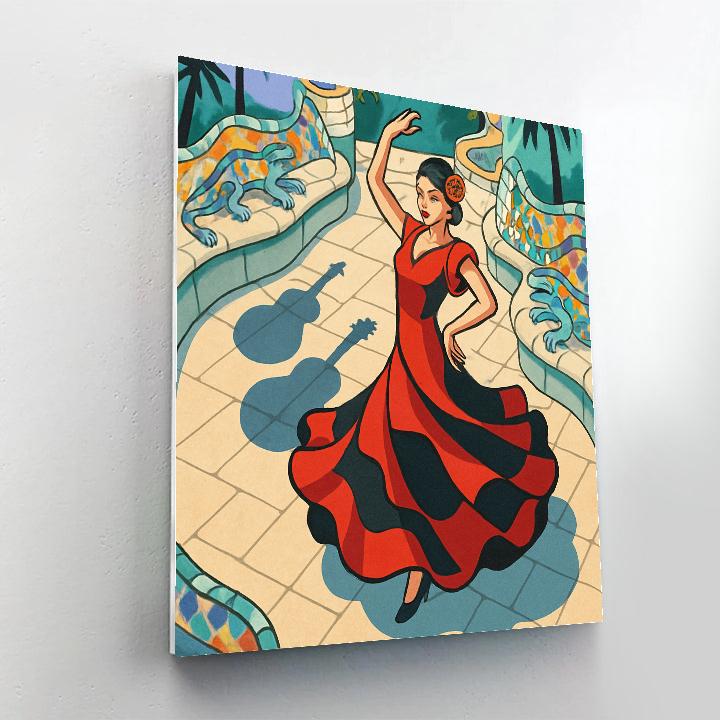 Gaudi Mosaic Courtyard In Spain With Spinning Flamenco Shadows painting number kit
