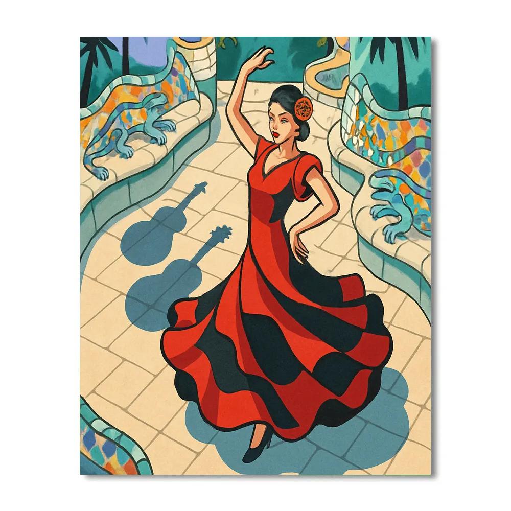 Gaudi Mosaic Courtyard In Spain With Spinning Flamenco Shadows painting number kit
