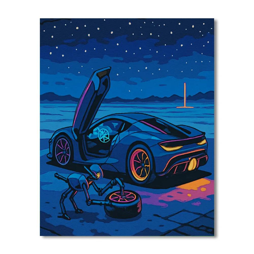 Midnight Pit Stop With Cars Hologram Dash Painting by numbers kit