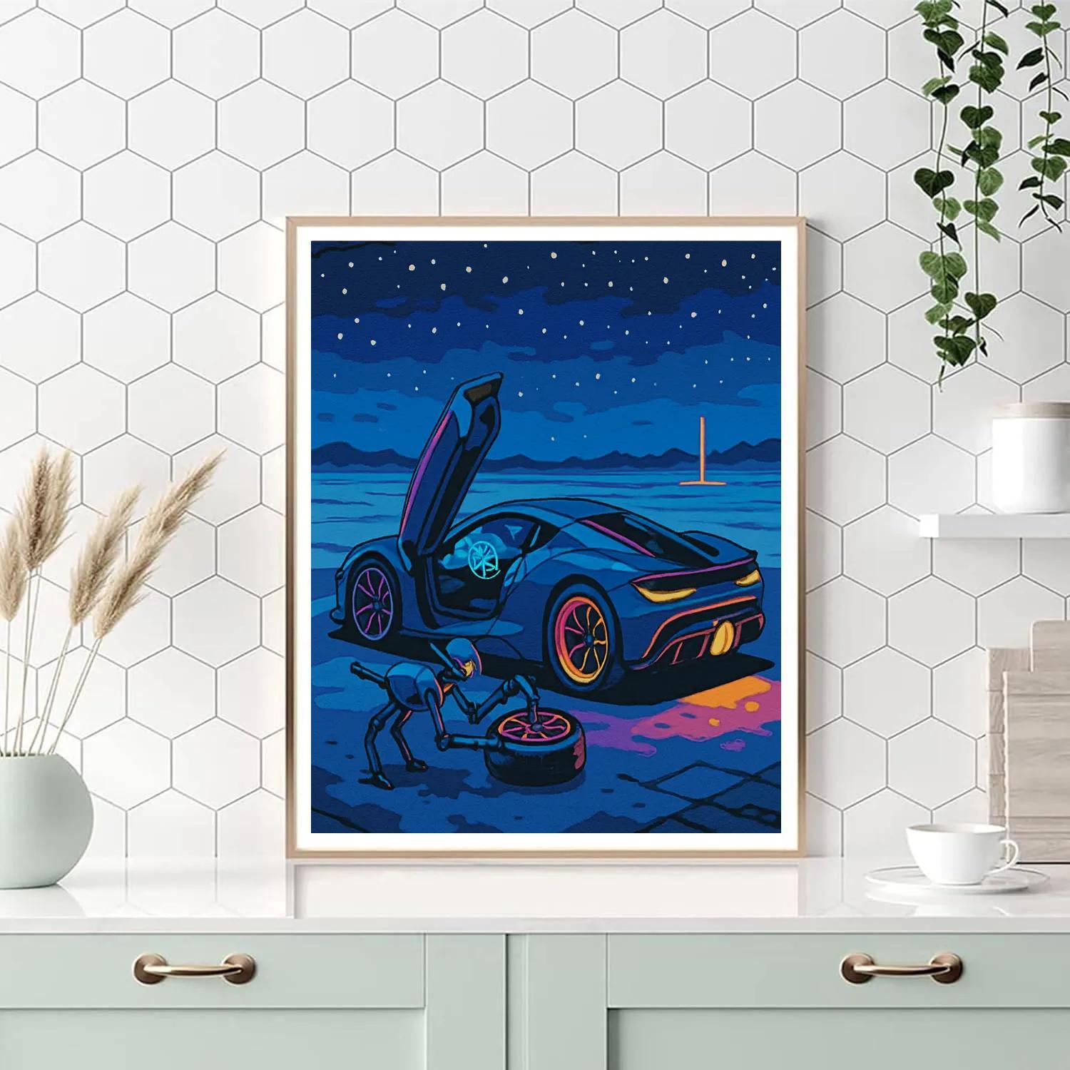 Midnight Pit Stop With Cars Hologram Dash Painting by numbers kit